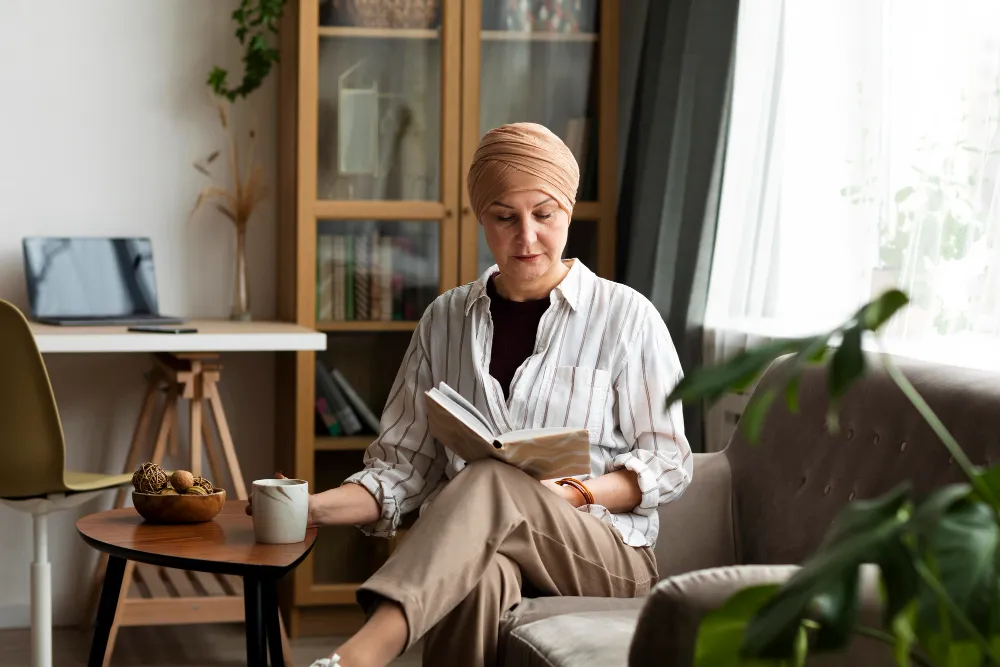 A cancer patient spending time at home enjoying self-care activities.