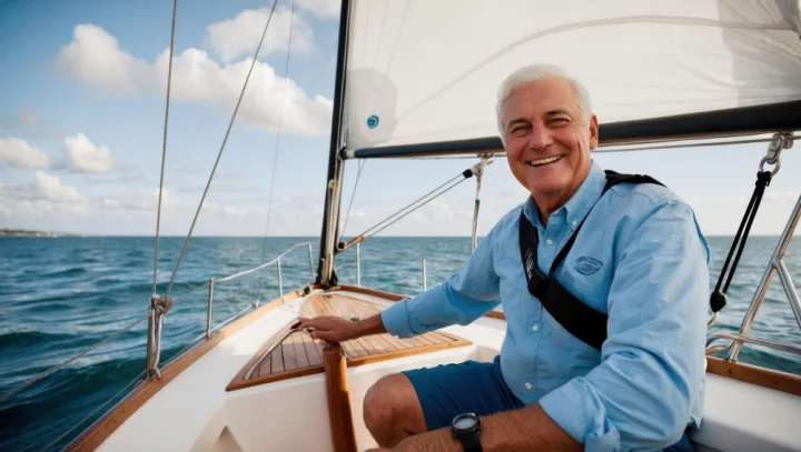 Senior man enjoying sailing on open sea wearing life jacket smiling confidently