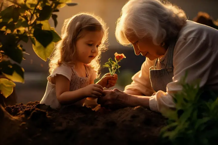 A child and an elderly woman working in the garden represent both ends of the aging process.