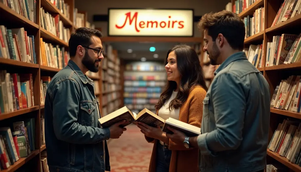 Three people enthusiastically discussing the inspirational memoirs they are reading at a book store.