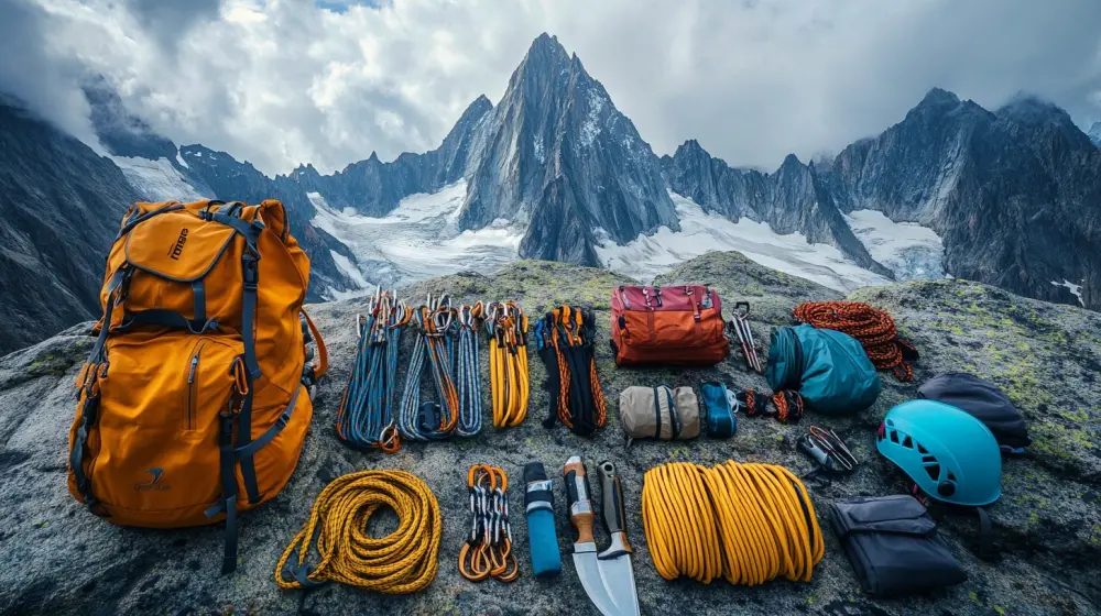 A carefully arranged collection of crucial climbing equipment rests on a rough rock face.