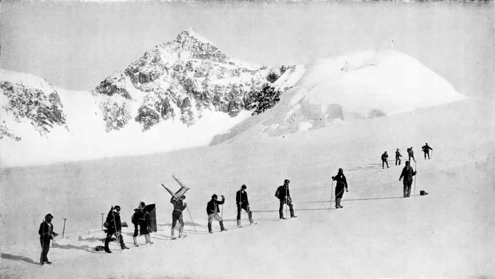 Early climbers heading up on Monte Rosa in the European Alps in Italy and Switzerland in 1894.