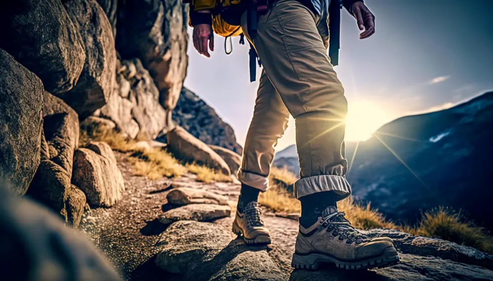 Trekking on a mountain at sunset.